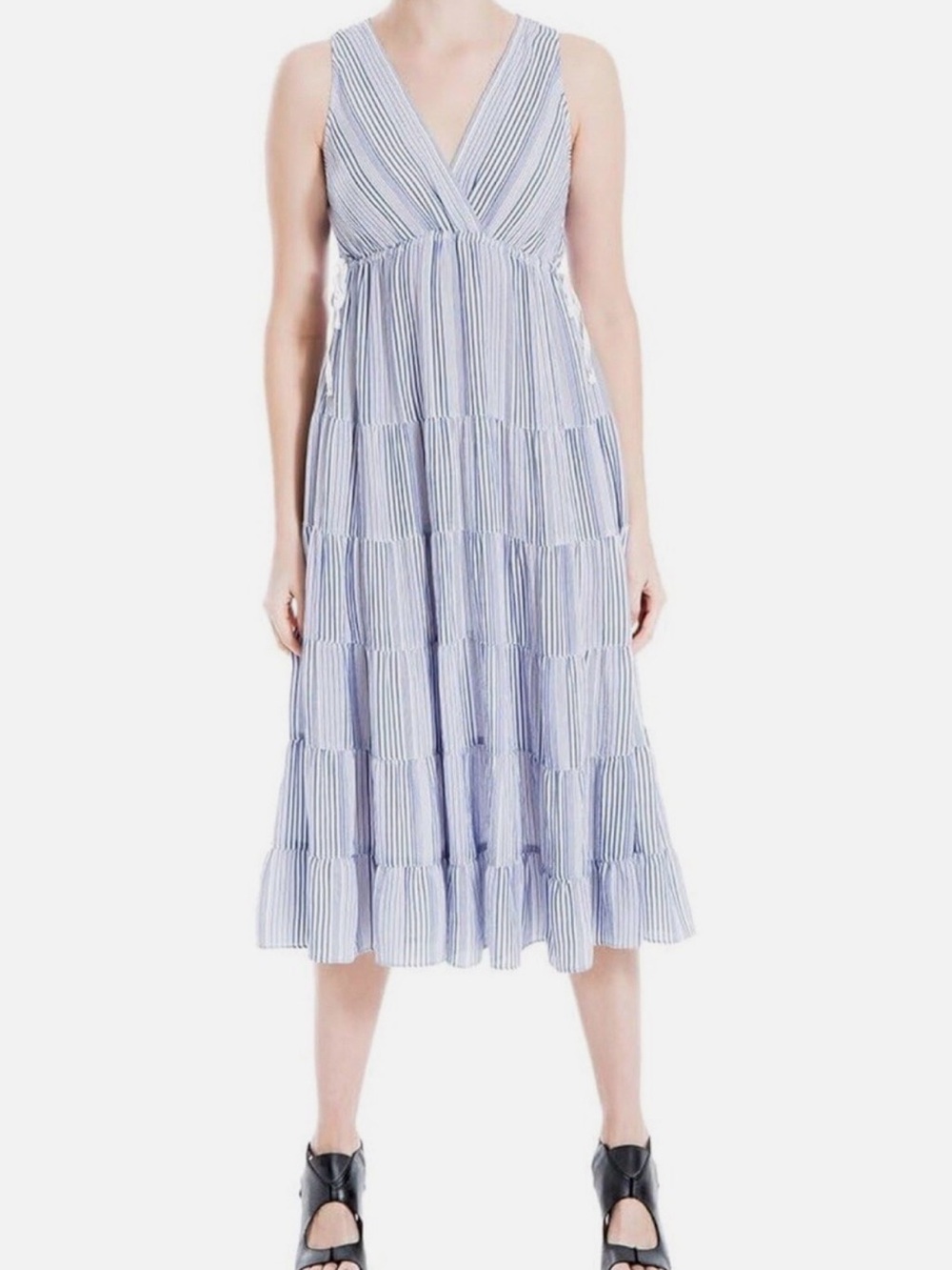Max Studio Blue & White Striped Tiered Midi Dress